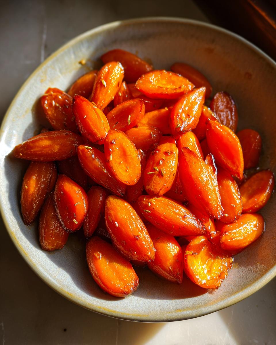 A close-up of glistening honey roasted carrots seasoned with herbs in a rustic bowl.