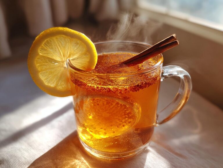 A steaming mug of hot toddy with a lemon slice and cinnamon stick, perfect for a cold day.
