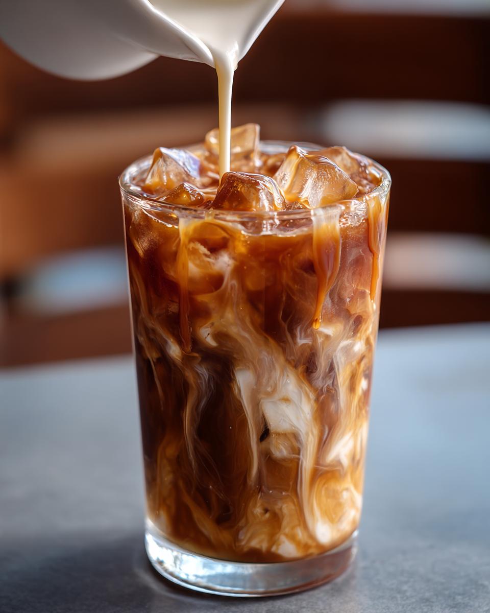 Close-up of cream being poured into a tall glass filled with ice and iced caramel latte.