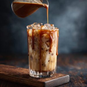 A tall glass filled with an iced caramel latte, ice, and milk, with caramel sauce being drizzled over the top.