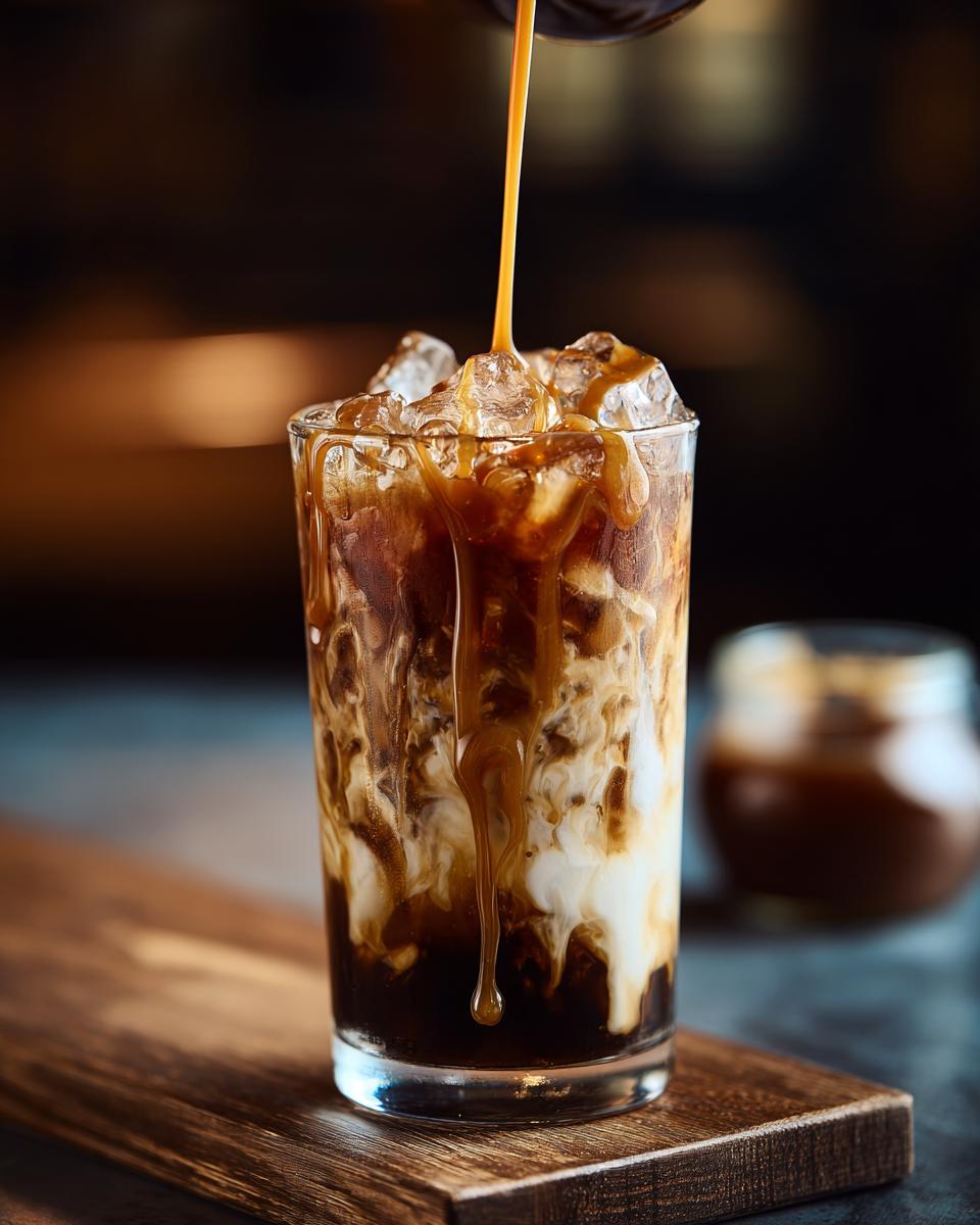 Close-up of a refreshing iced caramel latte with milk and caramel sauce being poured over ice.