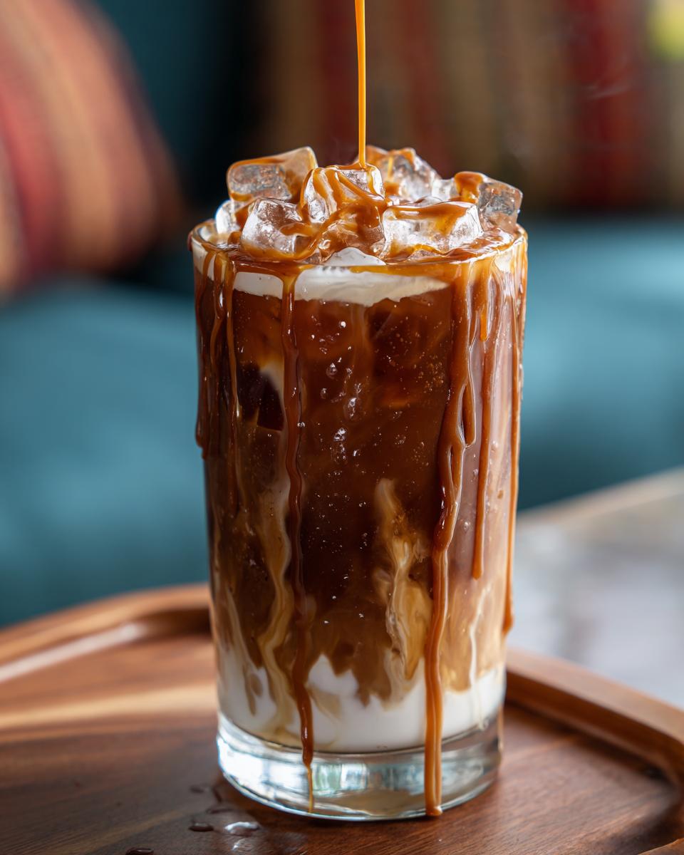 Close-up of a delicious iced caramel latte with caramel sauce drizzling over ice and coffee.
