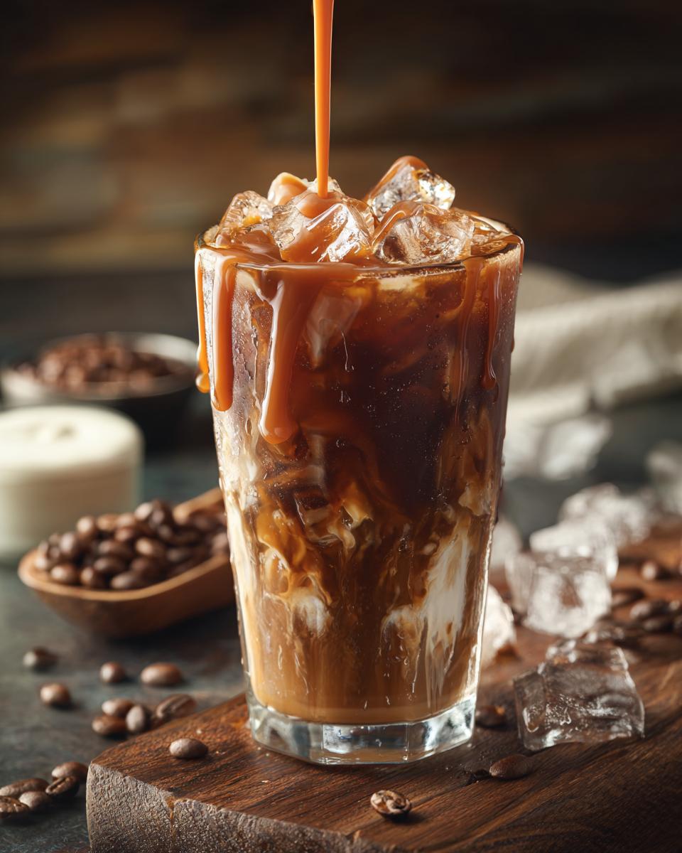 Close-up of a tall glass filled with an iced caramel latte, with caramel sauce drizzling over the ice and coffee.