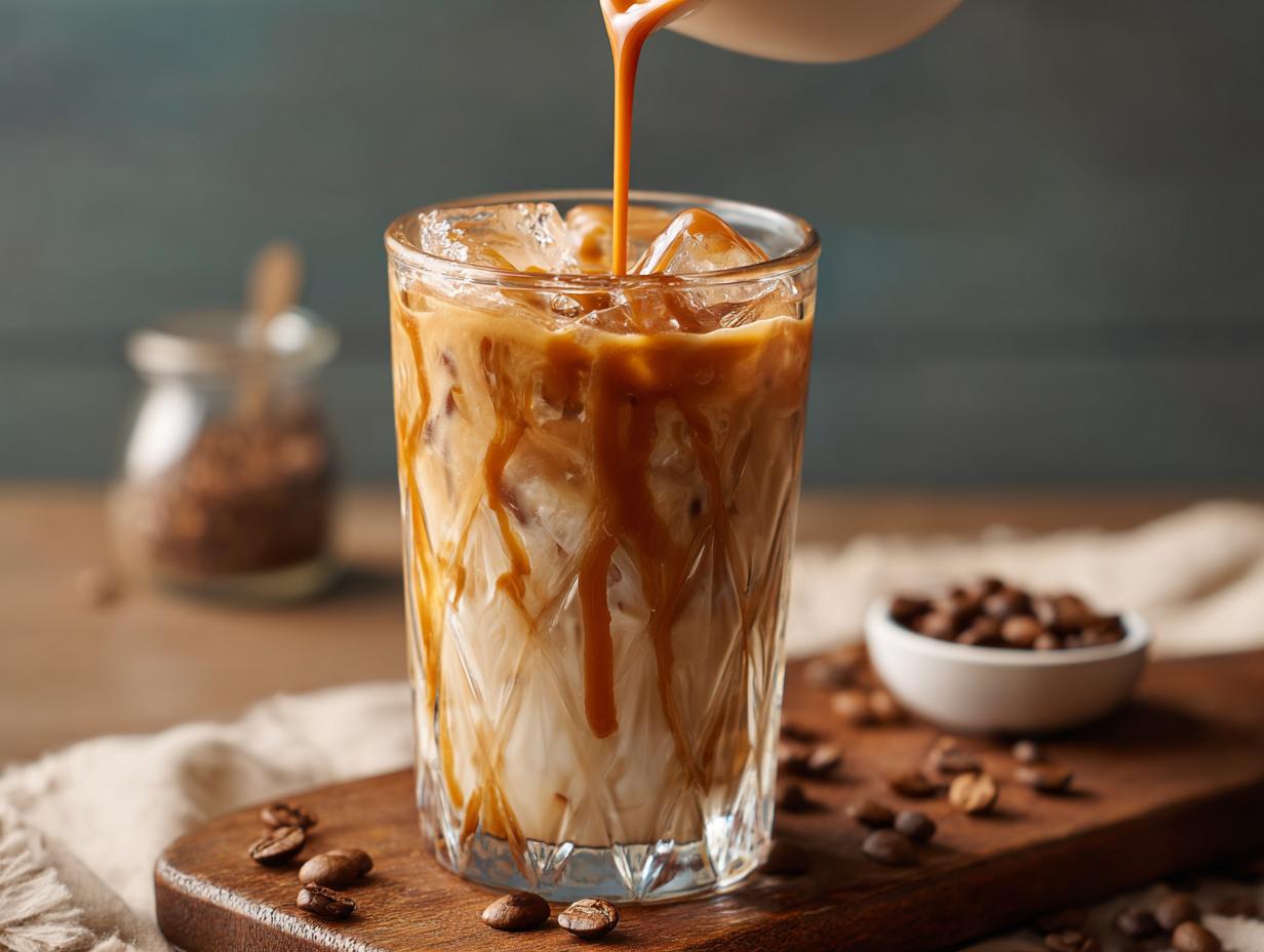 Close-up of a refreshing iced caramel latte with caramel sauce drizzled over ice and milk.