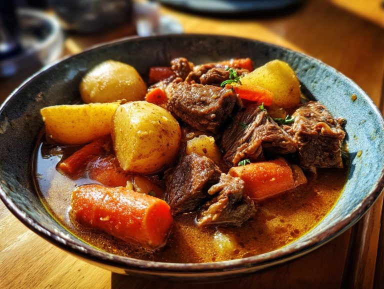 A close-up of a bowl filled with hearty Instant Pot beef stew, featuring tender chunks of beef, potatoes, and carrots in a rich broth.
