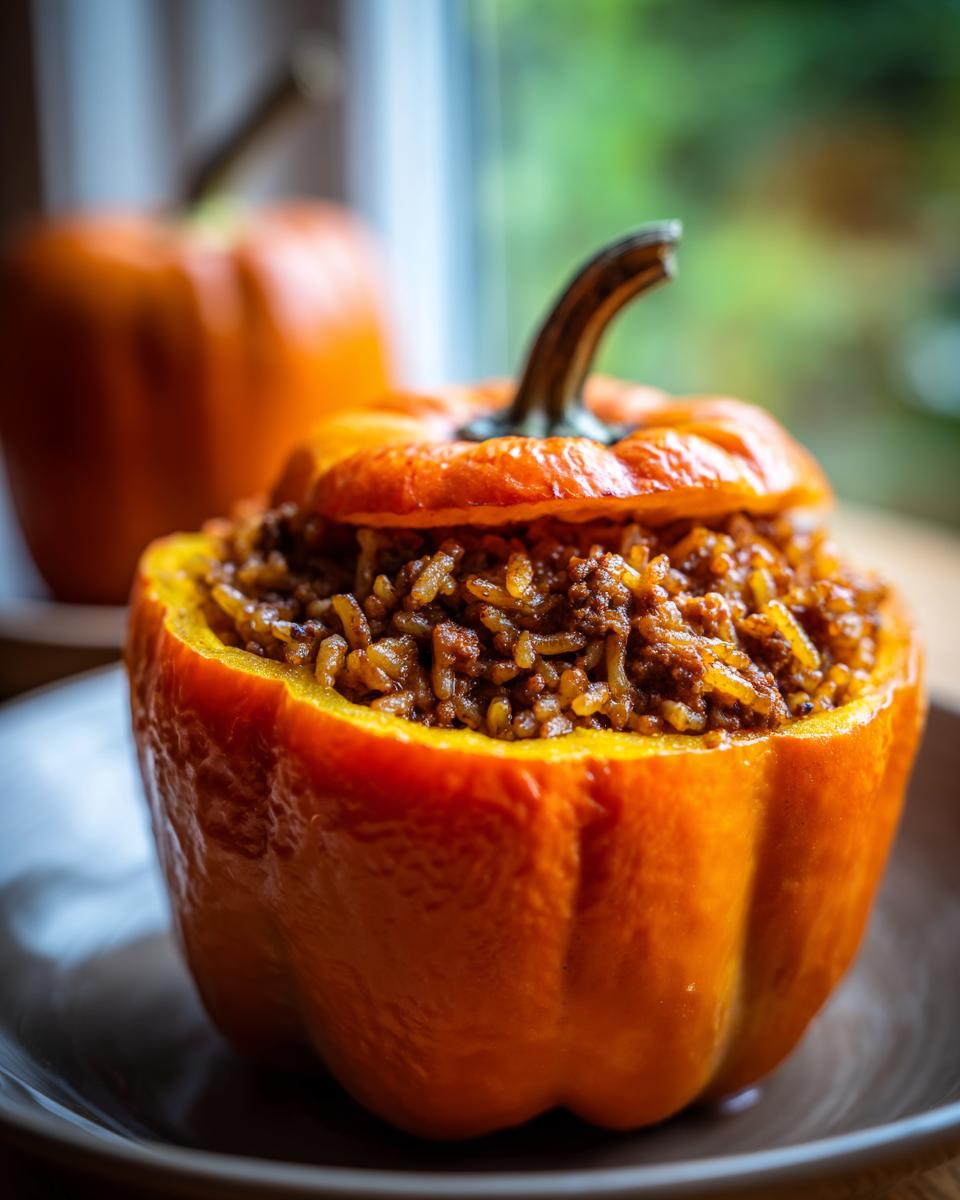 Close-up of a Jack-o'-lantern stuffed pepper filled with a mixture of rice and ground meat.