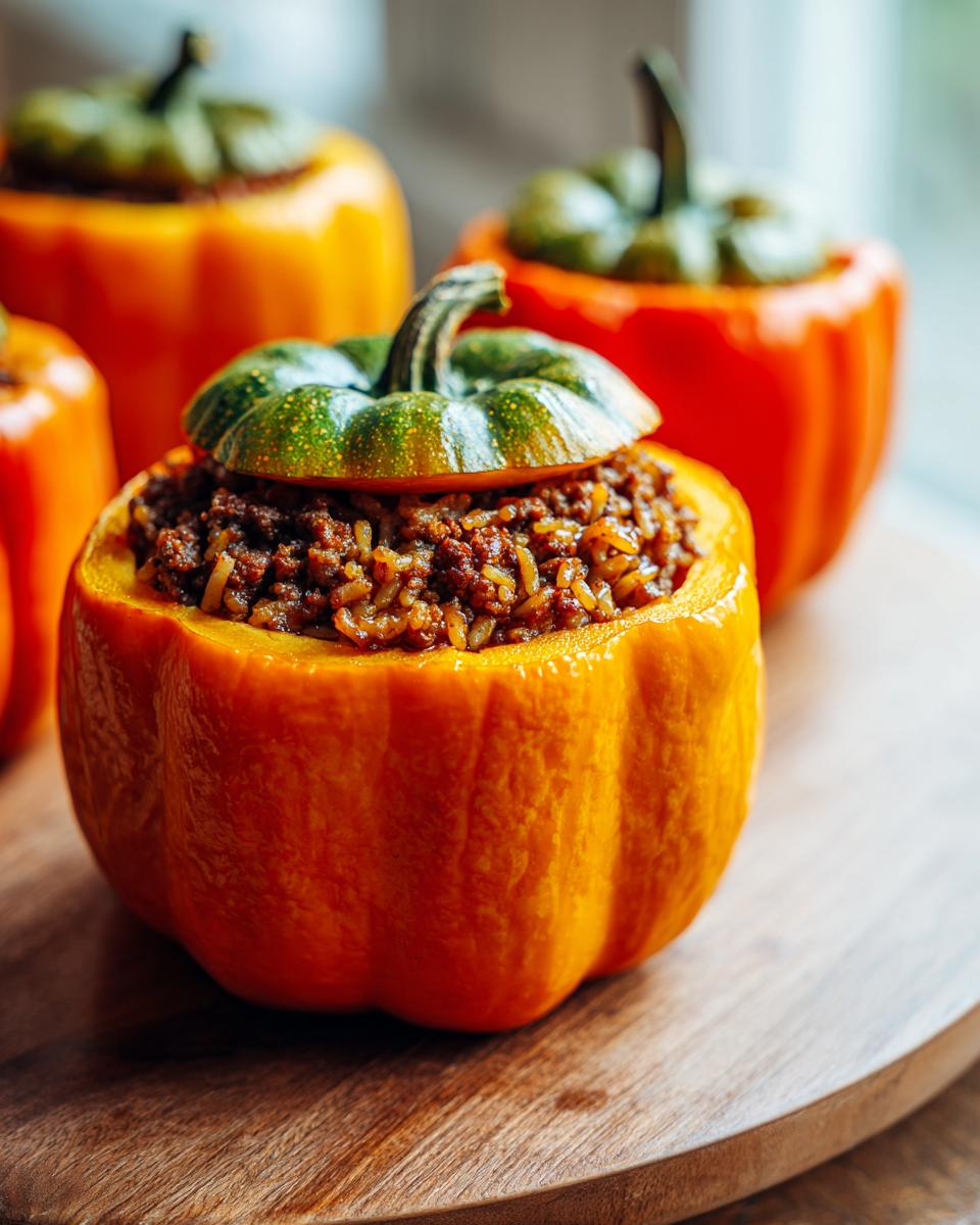 Close-up of a Jack-o'-lantern stuffed pepper filled with a mixture of ground meat and rice.