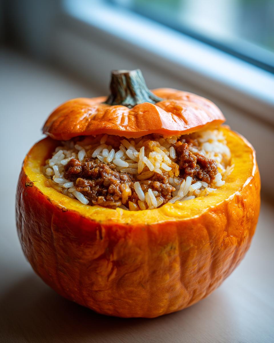 A whole pumpkin carved like a jack-o'-lantern and stuffed with rice and ground meat filling.