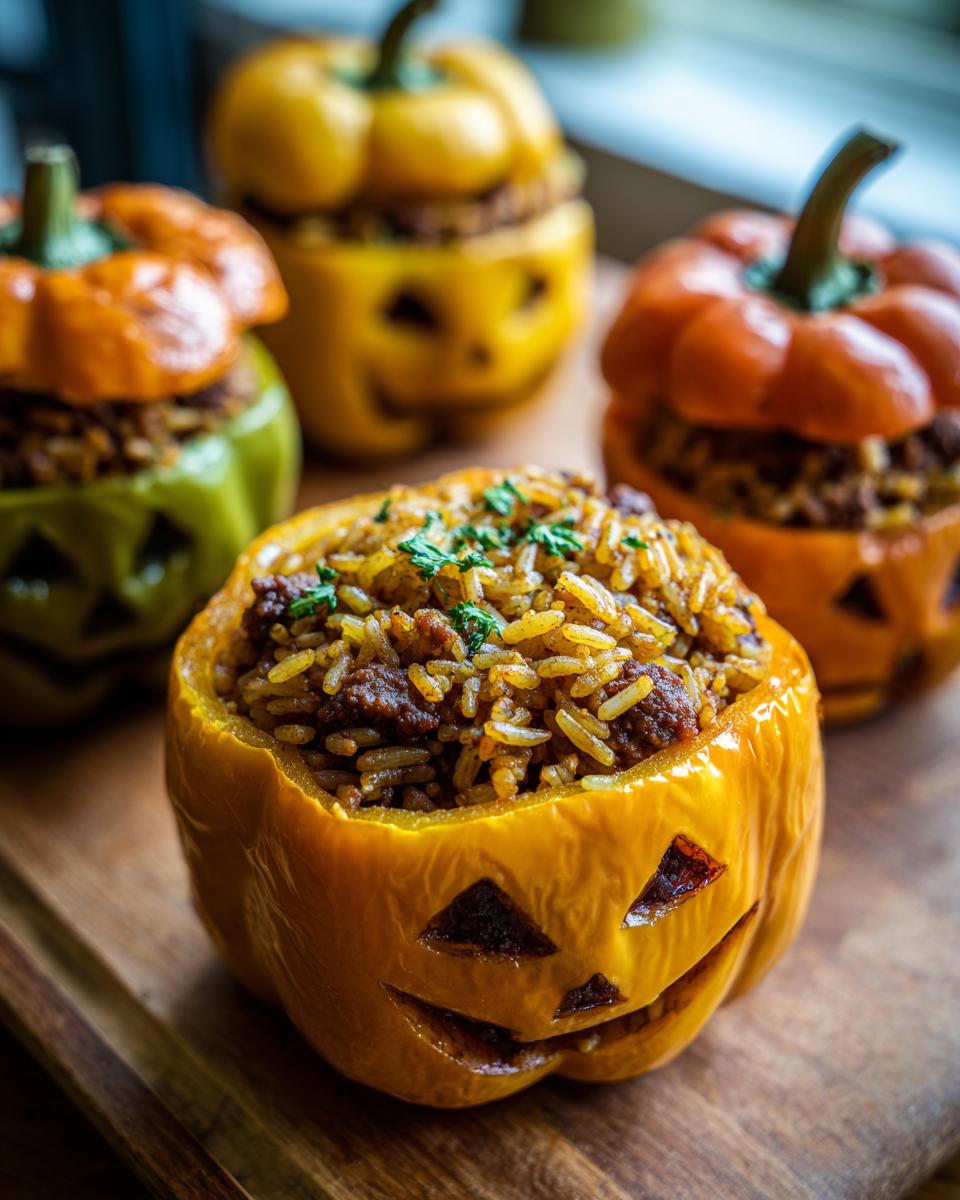 Close-up of a yellow Jack-o'-lantern stuffed pepper filled with rice and meat, garnished with parsley.