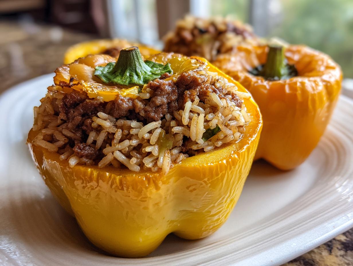 Close-up of two yellow Jack-o'-lantern stuffed peppers filled with ground meat and rice.