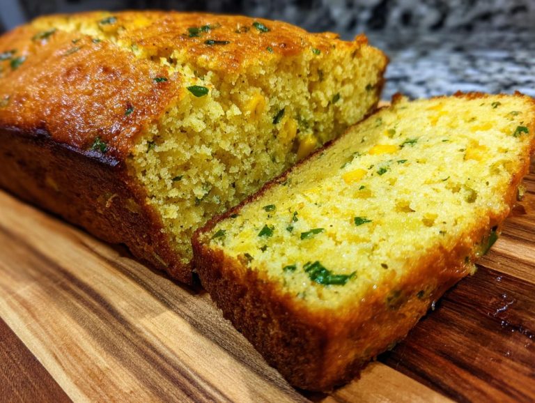 A close-up view of a slice of moist Jalapeno Cheddar Cornbread, showing visible pieces of jalapeno and cheddar cheese.