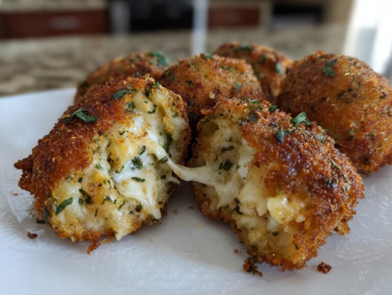 Close-up of a broken jalapeño popper showing melted cheese inside, coated in breadcrumbs and herbs.