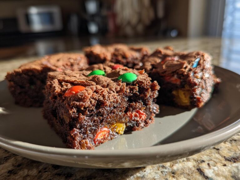 Close-up of rich chocolate leftover candy brownies studded with colorful candy pieces on a plate.