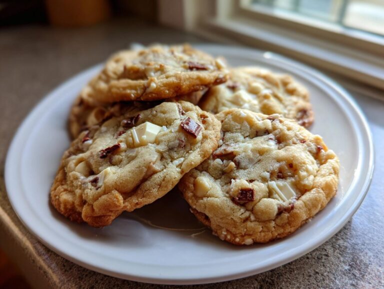 Close-up of a stack of freshly baked leftover candy cookies with white chocolate chunks and bits of candy.