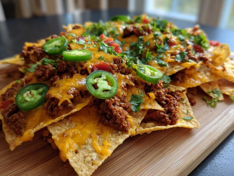 A close-up of a generous serving of loaded nachos, featuring tortilla chips topped with seasoned ground beef, melted cheddar cheese, fresh cilantro, and sliced jalapenos.