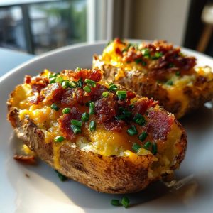 Close-up of two crispy loaded potato skins topped with melted cheddar cheese, crumbled bacon, and fresh chives.