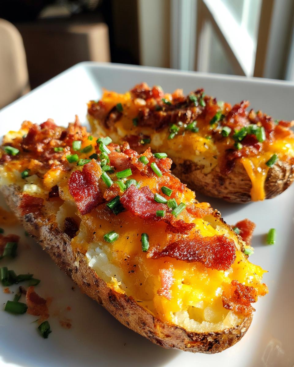 Two crispy loaded potato skins topped with melted cheddar cheese, crumbled bacon, and fresh chives.
