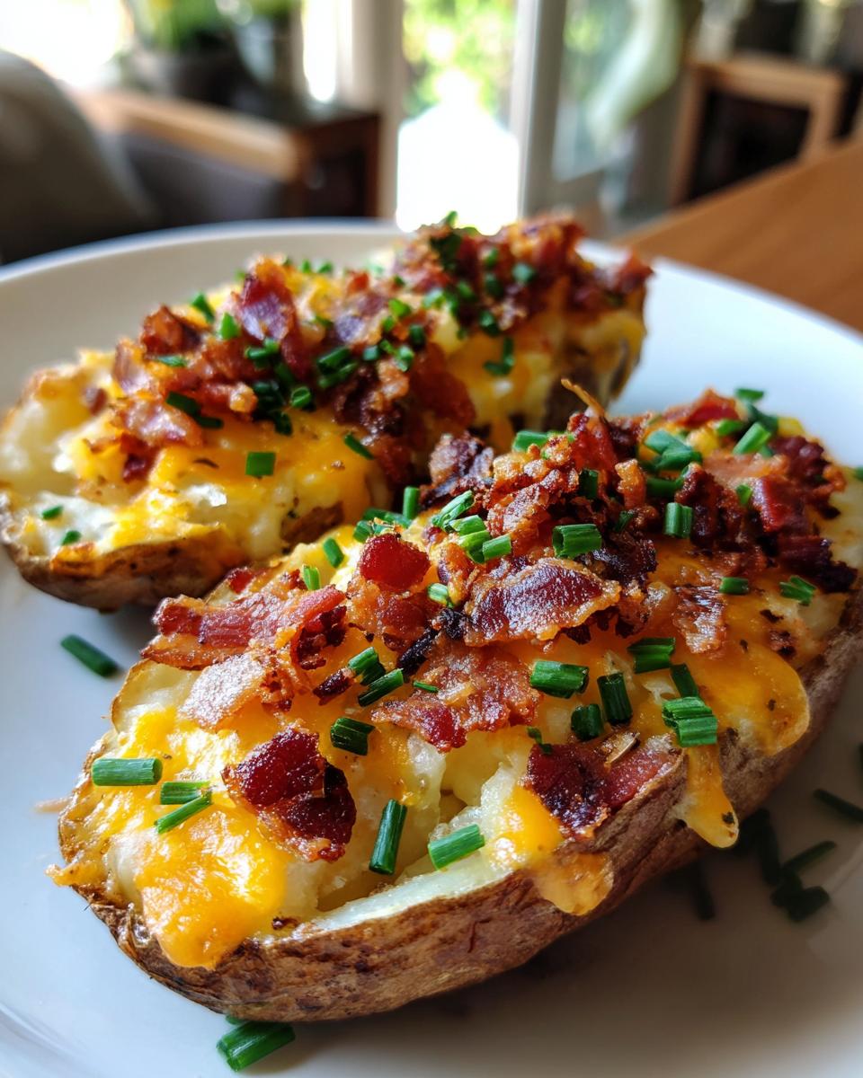 Close-up of three loaded potato skins topped with melted cheddar cheese, crispy bacon bits, and fresh chives.