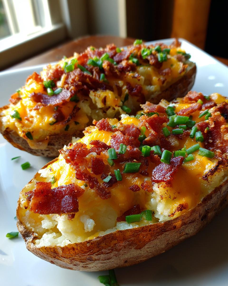 Two crispy loaded potato skins topped with melted cheddar cheese, crumbled bacon, and fresh chives.