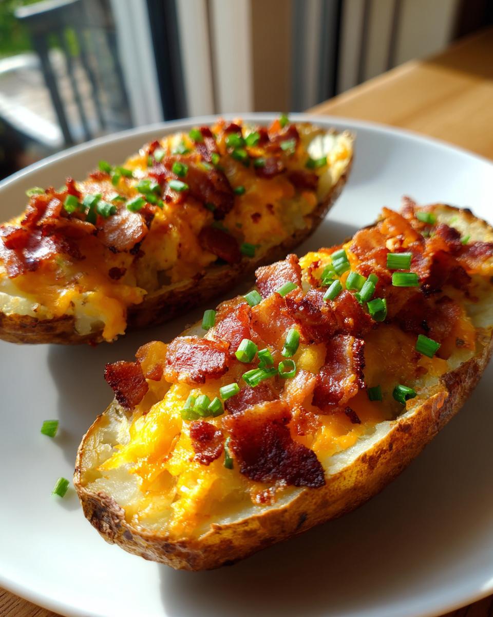Two crispy loaded potato skins topped with melted cheddar cheese, crumbled bacon, and fresh chives.