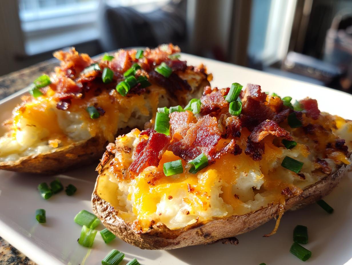 Close-up of two loaded potato skins topped with melted cheddar cheese, crispy bacon bits, and fresh green onions.