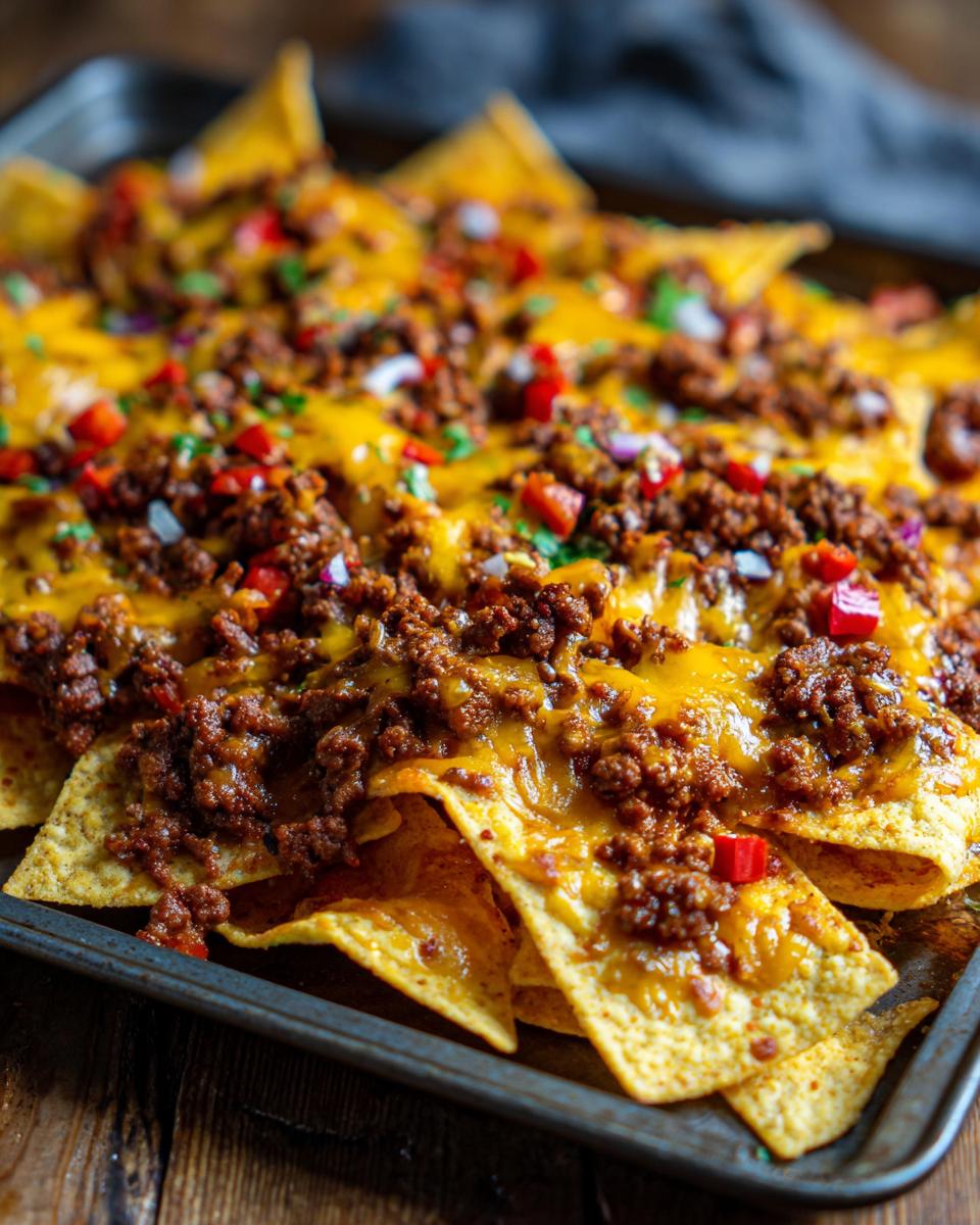 A close-up of loaded sheet pan nachos topped with seasoned ground beef, melted cheddar cheese, diced red peppers, and red onion.
