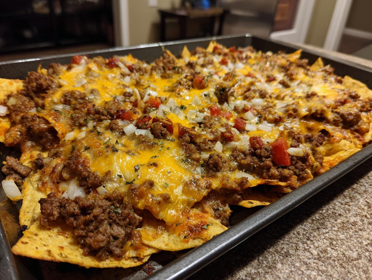A close-up of loaded sheet pan nachos topped with seasoned ground beef, melted cheddar cheese, diced tomatoes, and onions.