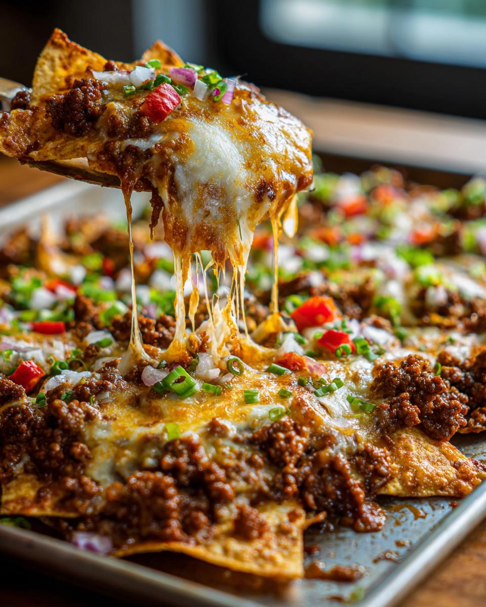 A serving spatula lifts a cheesy portion of Loaded Sheet Pan Nachos, showcasing melted cheese strings and savory toppings.