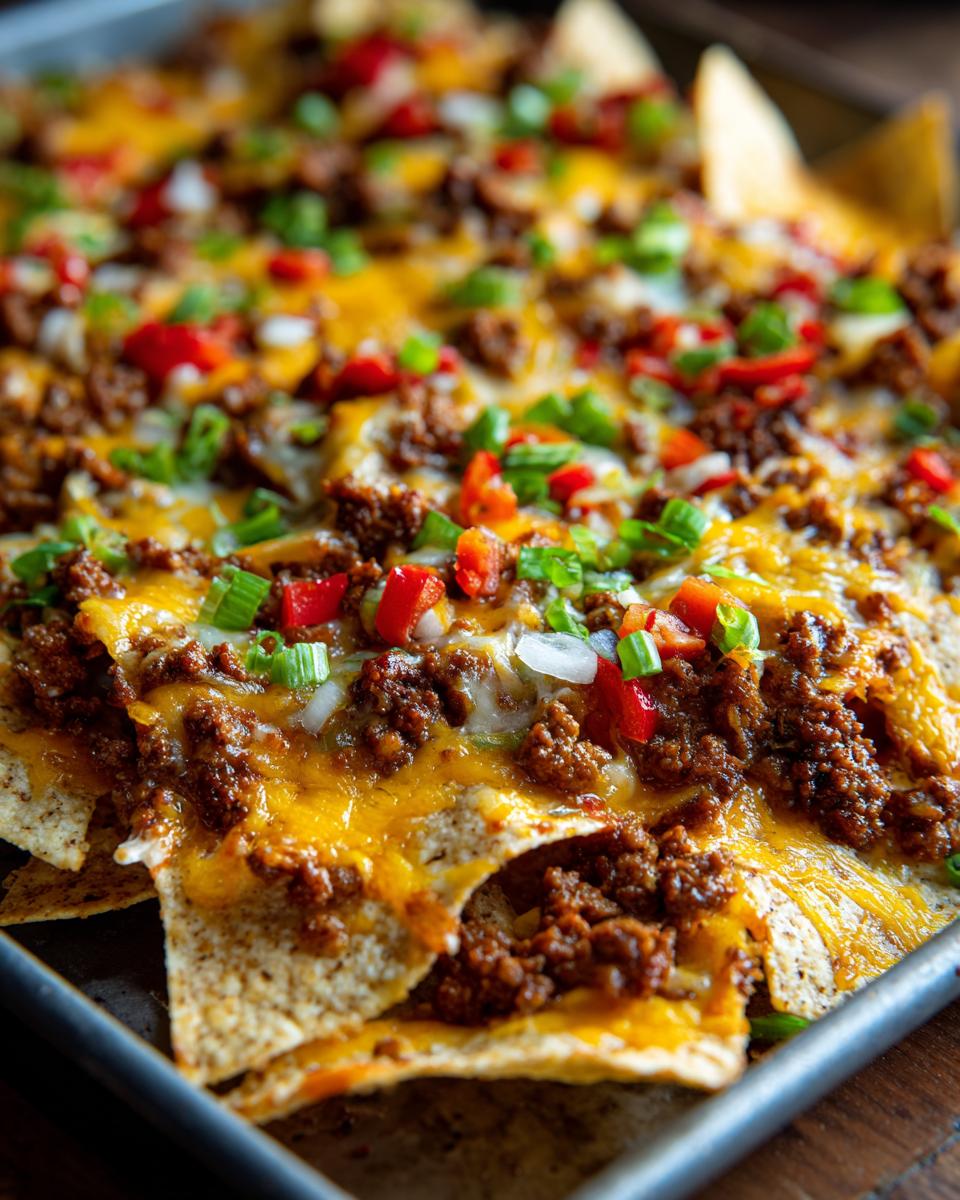 Close-up of loaded sheet pan nachos topped with seasoned ground beef, melted cheese, diced red peppers, onions, and green onions.