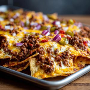 Close-up of loaded sheet pan nachos topped with seasoned ground beef, melted cheese, red onion, and jalapeños.