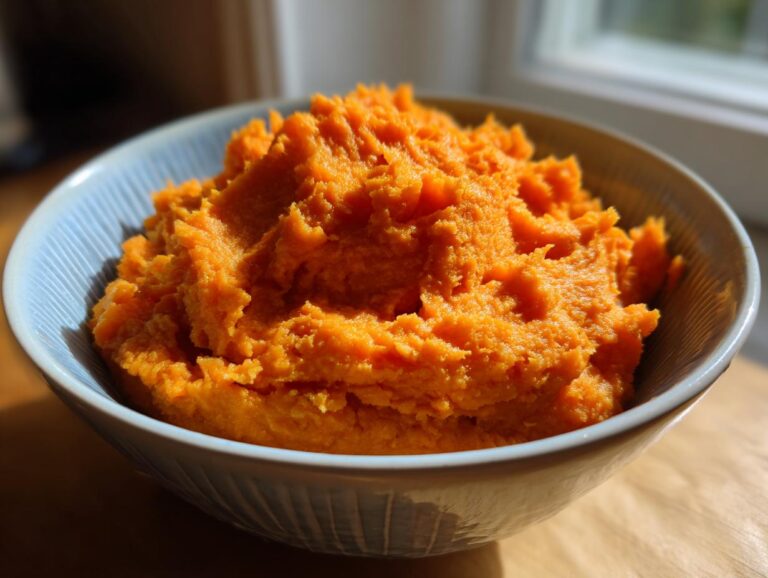 A close-up of a bowl filled with perfectly mashed sweet potatoes, ready to serve.