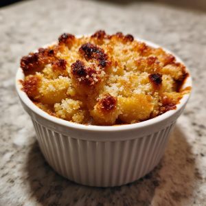 Close-up of a golden brown mini apple crumble in a white ramekin, topped with crunchy crumble.