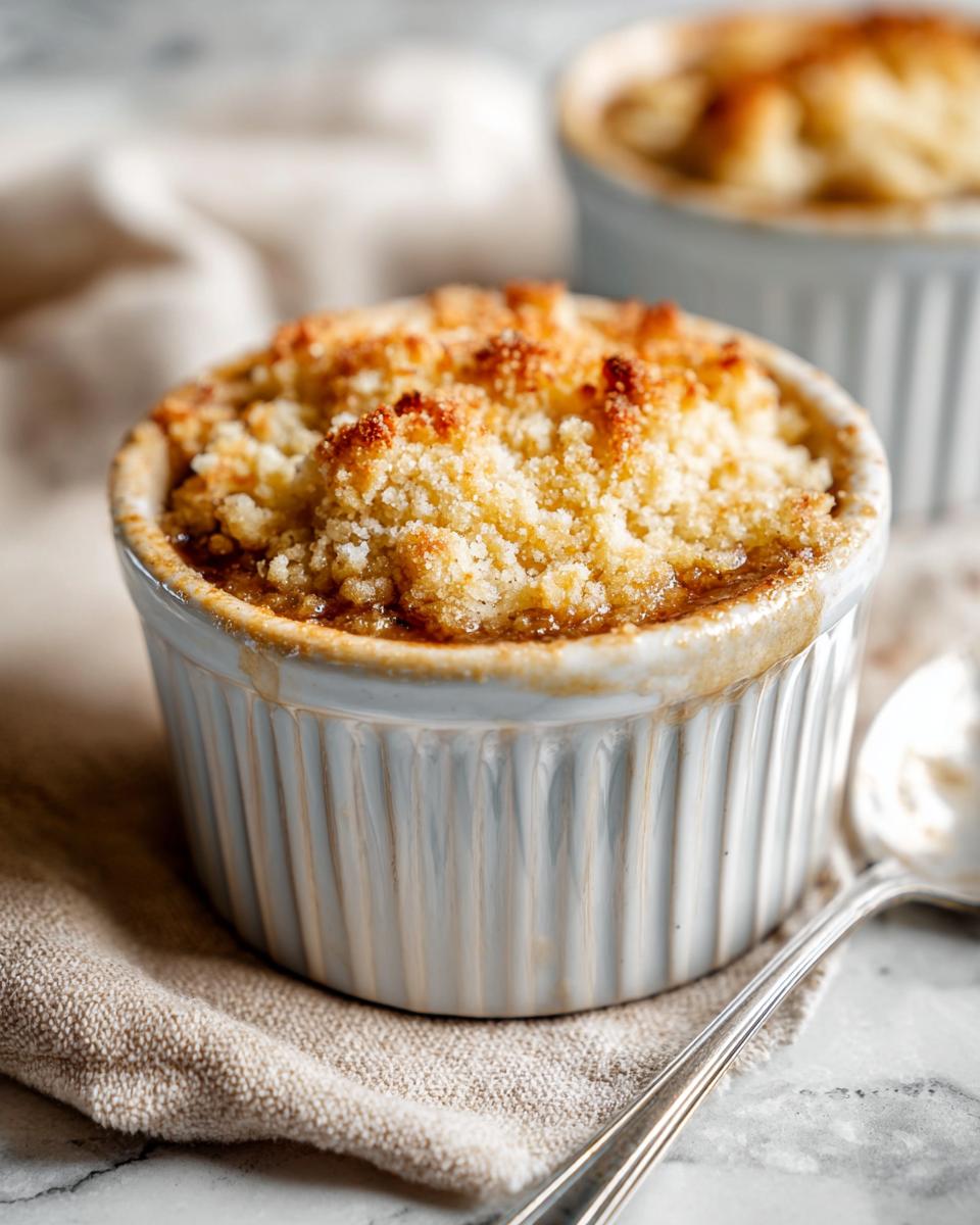 Close-up of a delicious mini apple crumble with a golden brown topping in a white ramekin, served with a spoon.