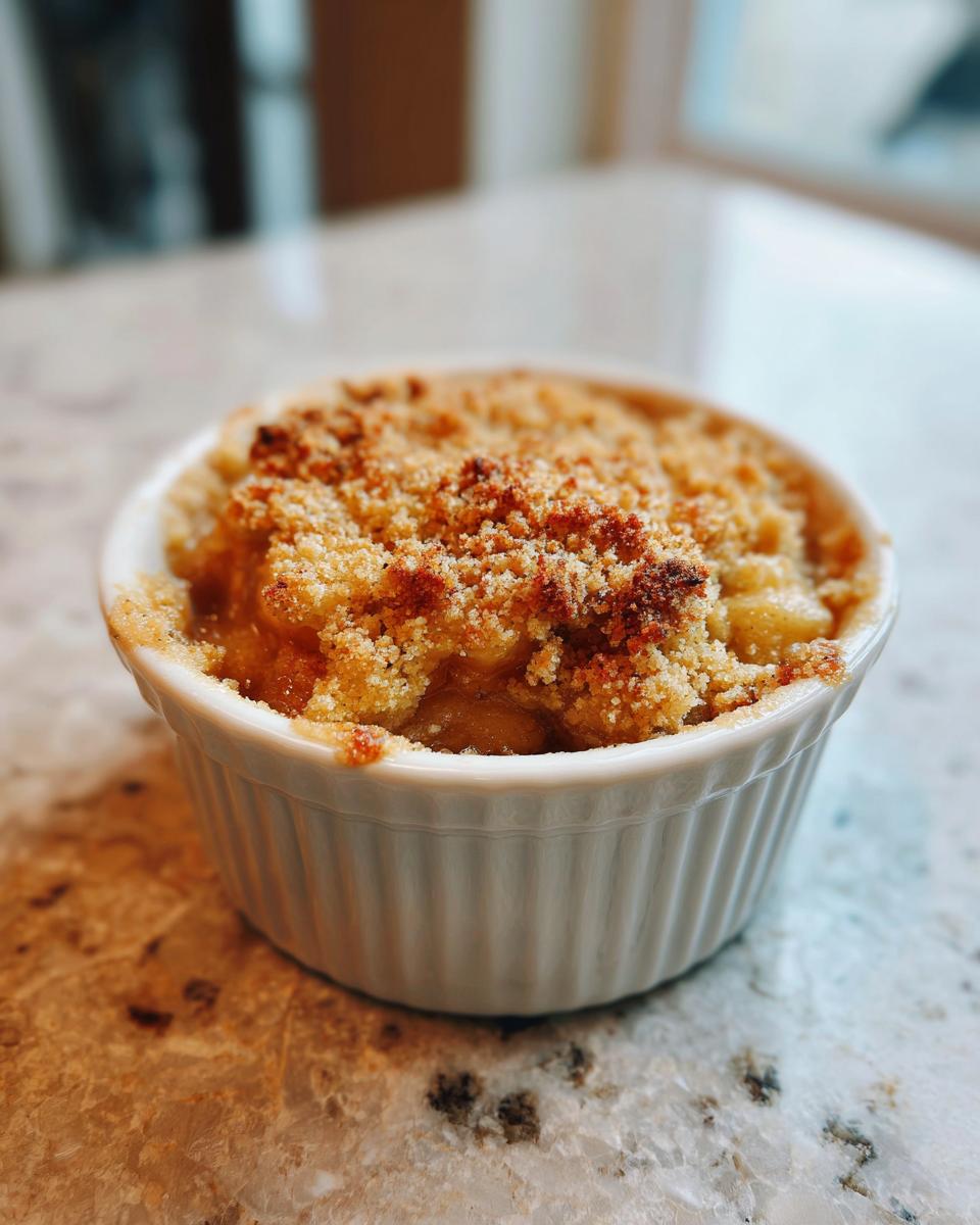 A close-up of a warm mini apple crumble in a white ramekin, topped with golden brown crumble.