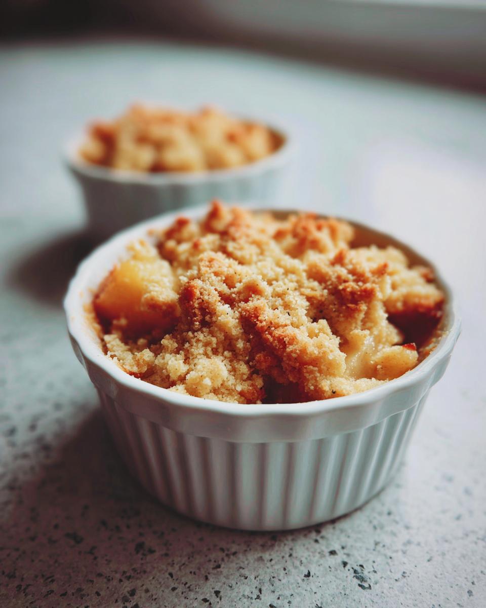 Close-up of a warm mini apple crumble in a white ramekin, topped with golden brown crumble.