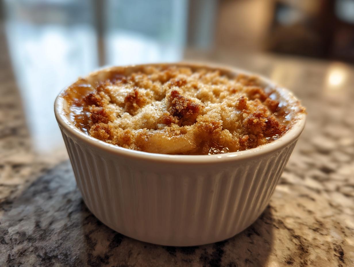 A close-up of a warm mini apple crumble in a white ramekin, with a golden-brown topping.
