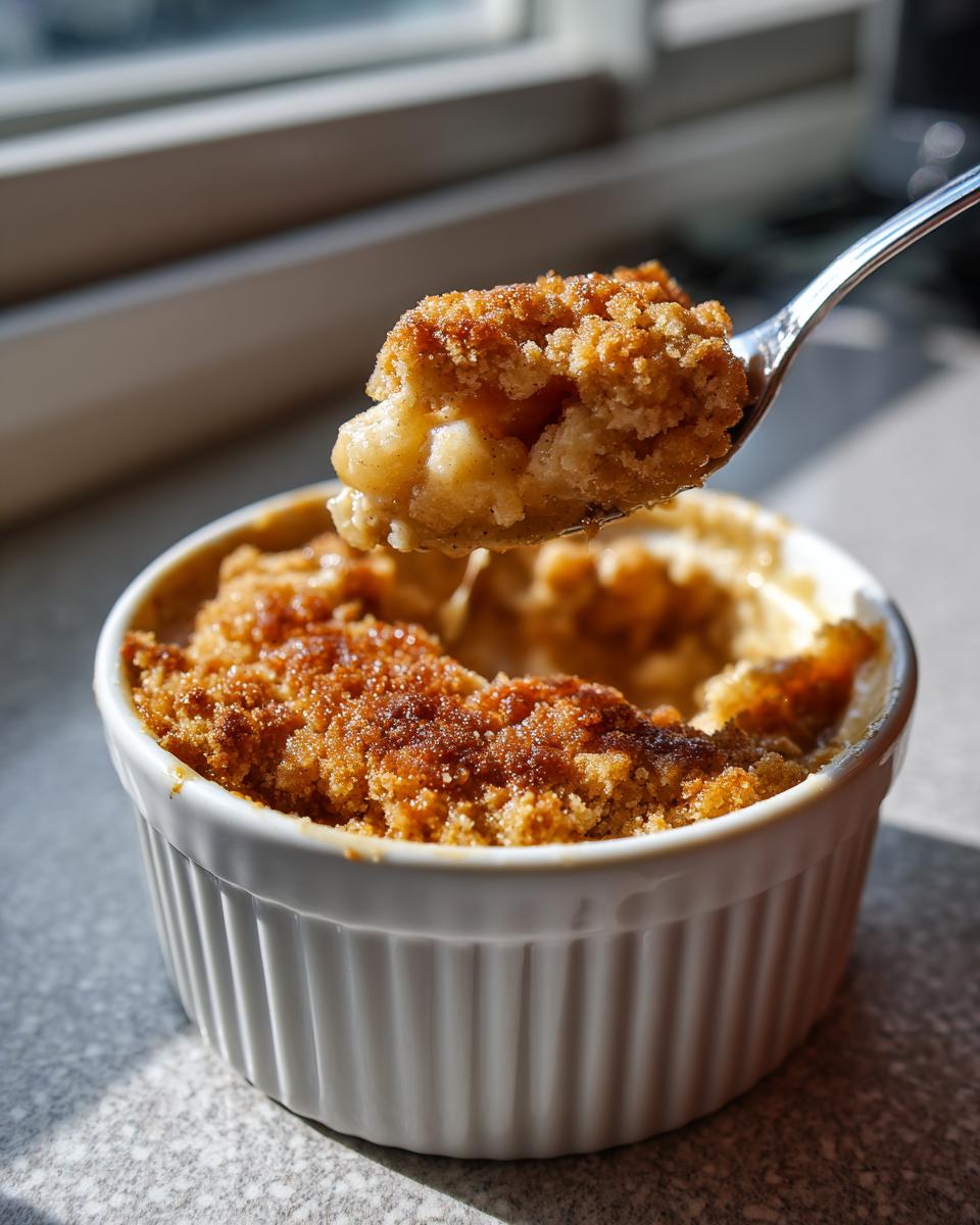 A spoonful of warm mini apple crumble with a golden brown topping and soft apple filling.