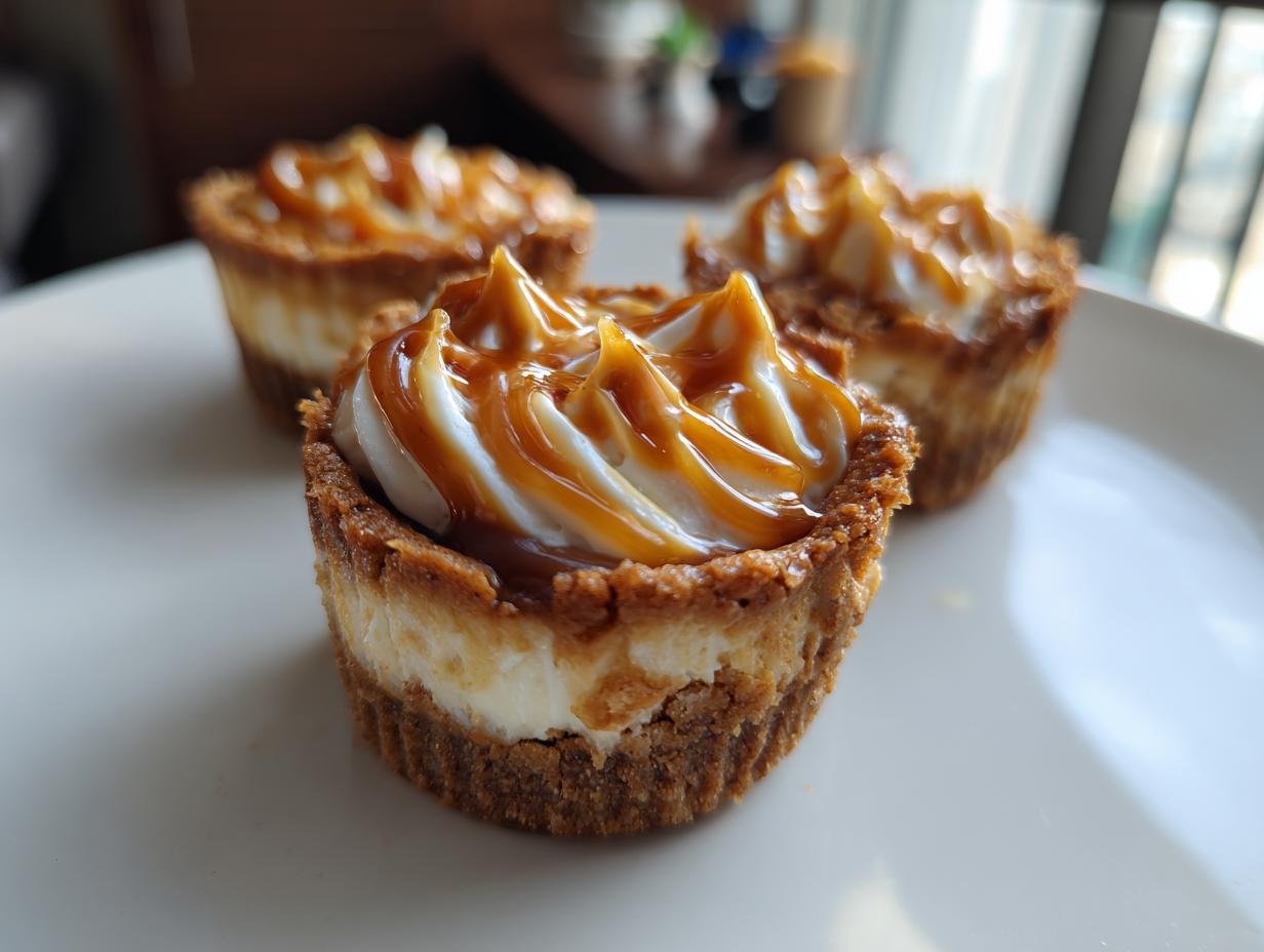 Close-up of three delicious mini cheesecake bites topped with whipped cream and a rich caramel drizzle.