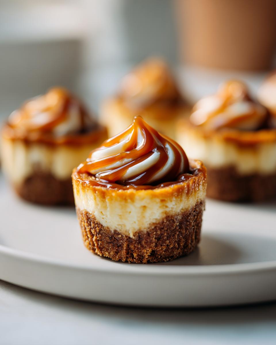 Close-up of a perfect mini cheesecake bite topped with creamy white frosting and a caramel drizzle.