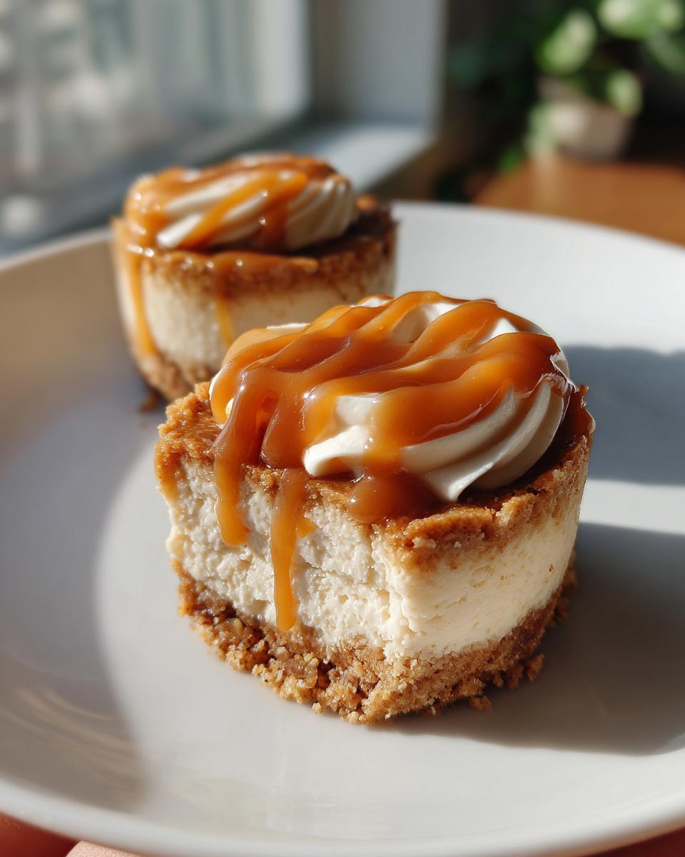 Two creamy mini cheesecake bites topped with whipped cream and a generous caramel drizzle on a white plate.