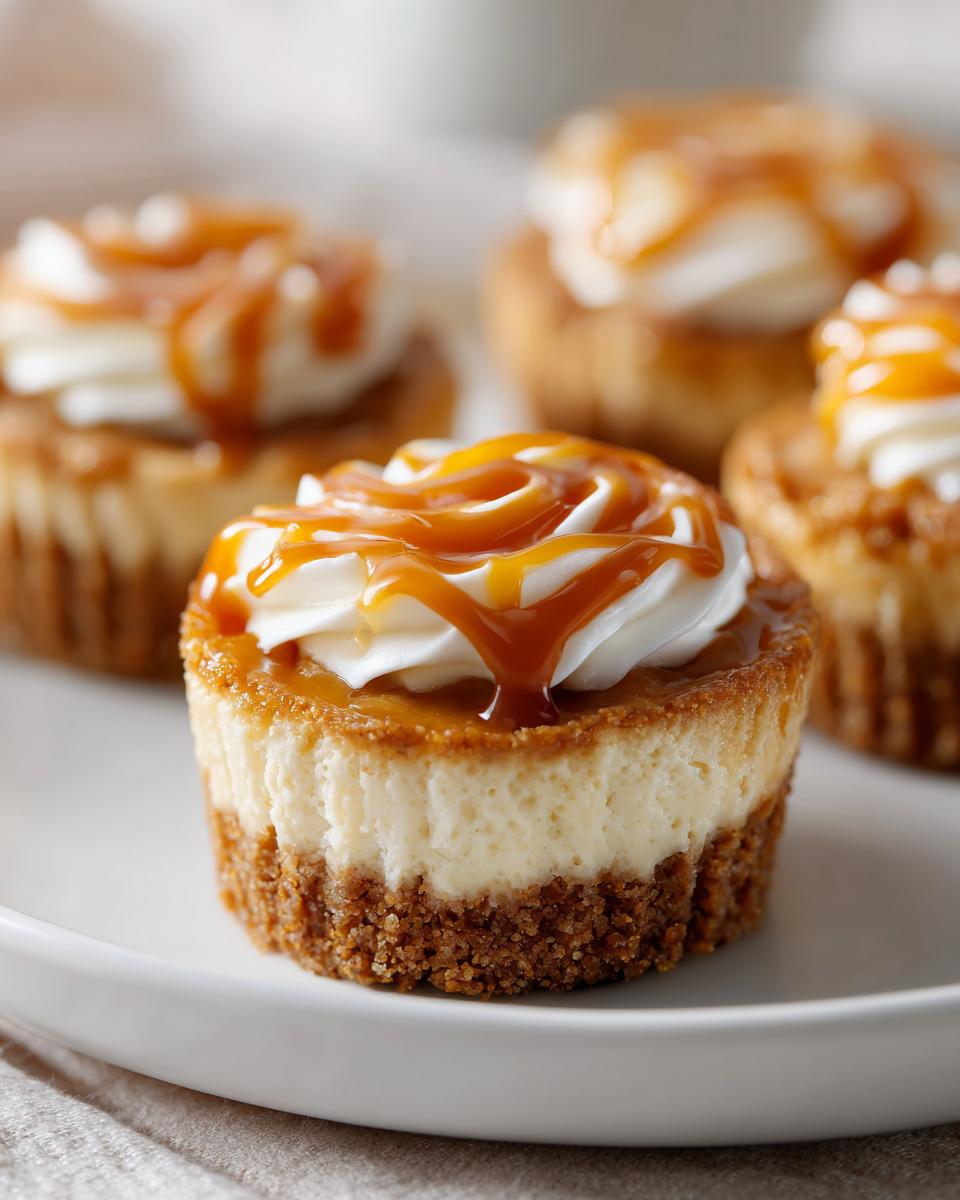Close-up of delicious mini cheesecake bites topped with whipped cream and a generous caramel drizzle.