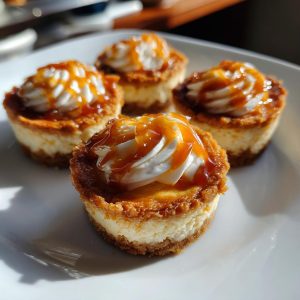 Four creamy mini cheesecake bites topped with whipped cream and drizzled with caramel sauce.