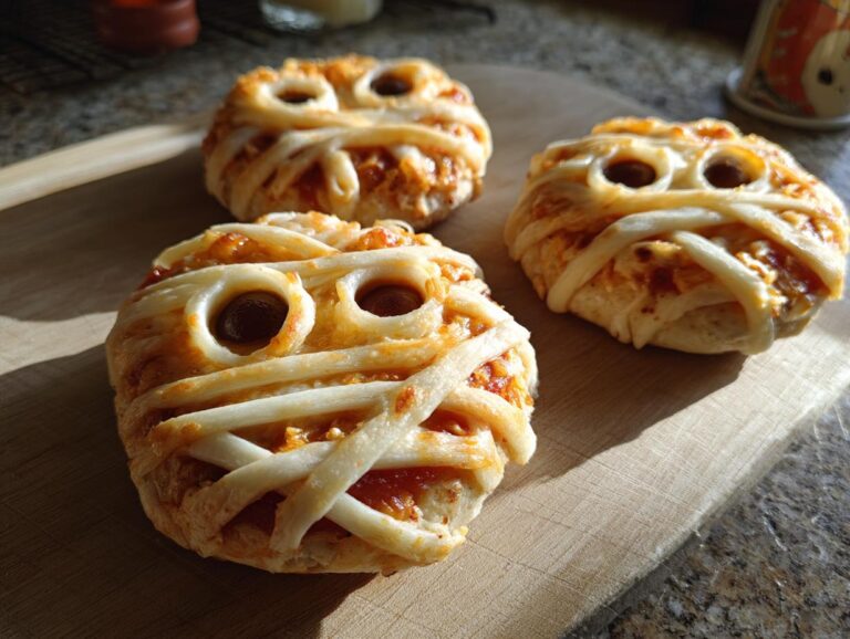 Three adorable mini mummy pizzas with olive eyes and pastry strips, perfect for Halloween.