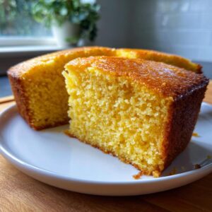 Close-up of a moist cornbread slice on a white plate, showcasing its golden-brown crust and tender crumb.