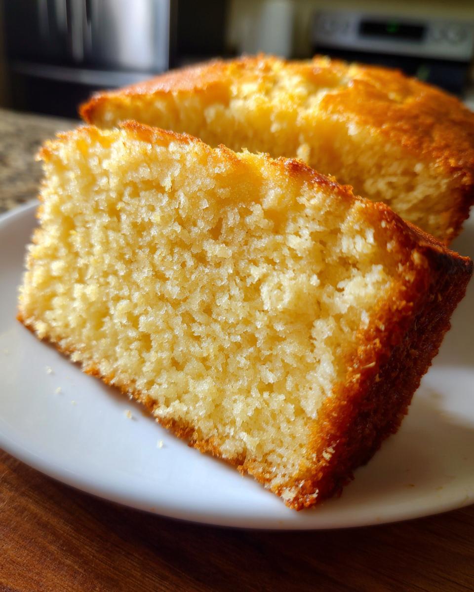 Close-up of a moist cornbread slice on a white plate, showing its golden crust and tender crumb.