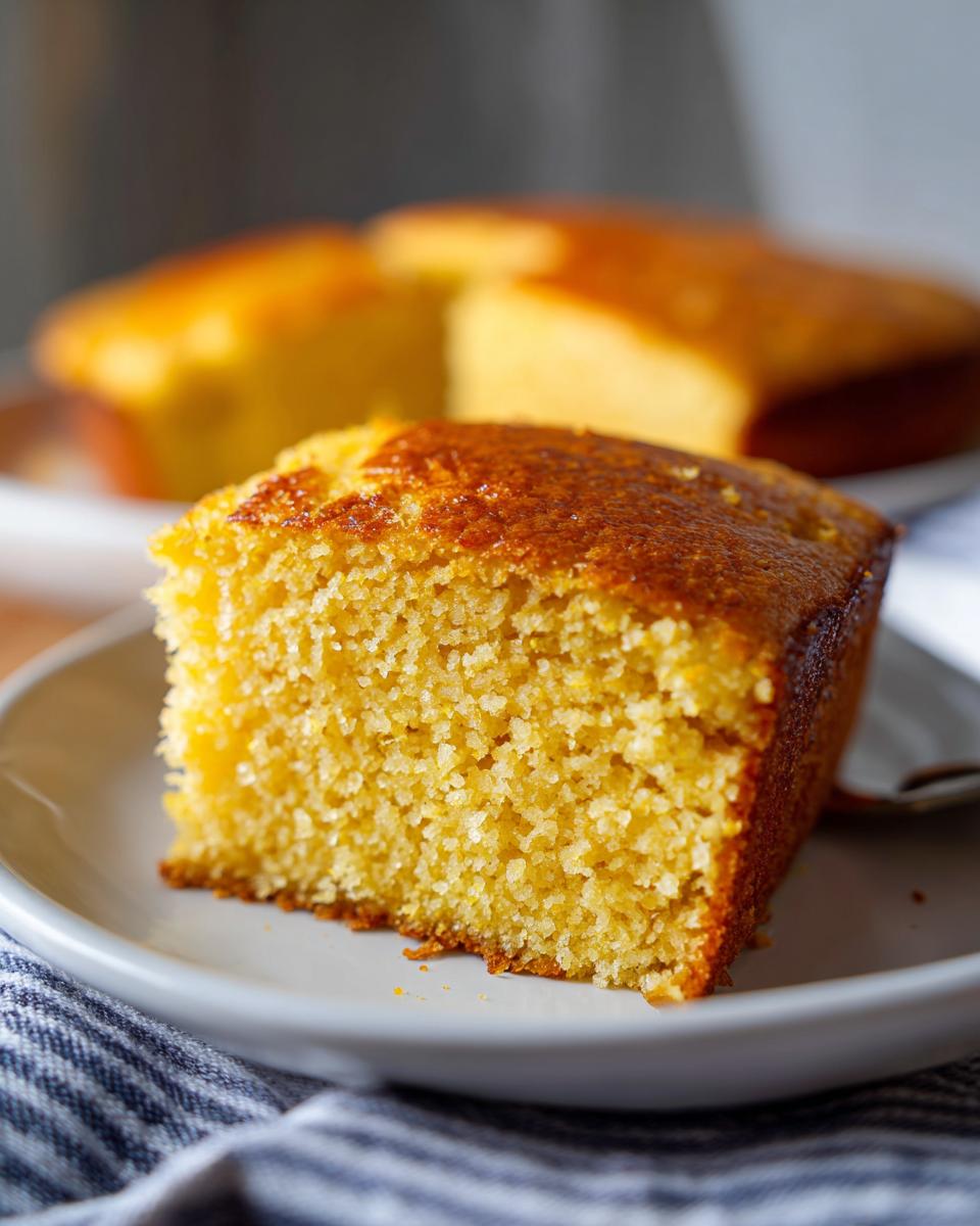 A close-up of a perfectly moist cornbread slice on a white plate, with another cornbread loaf blurred in the background.