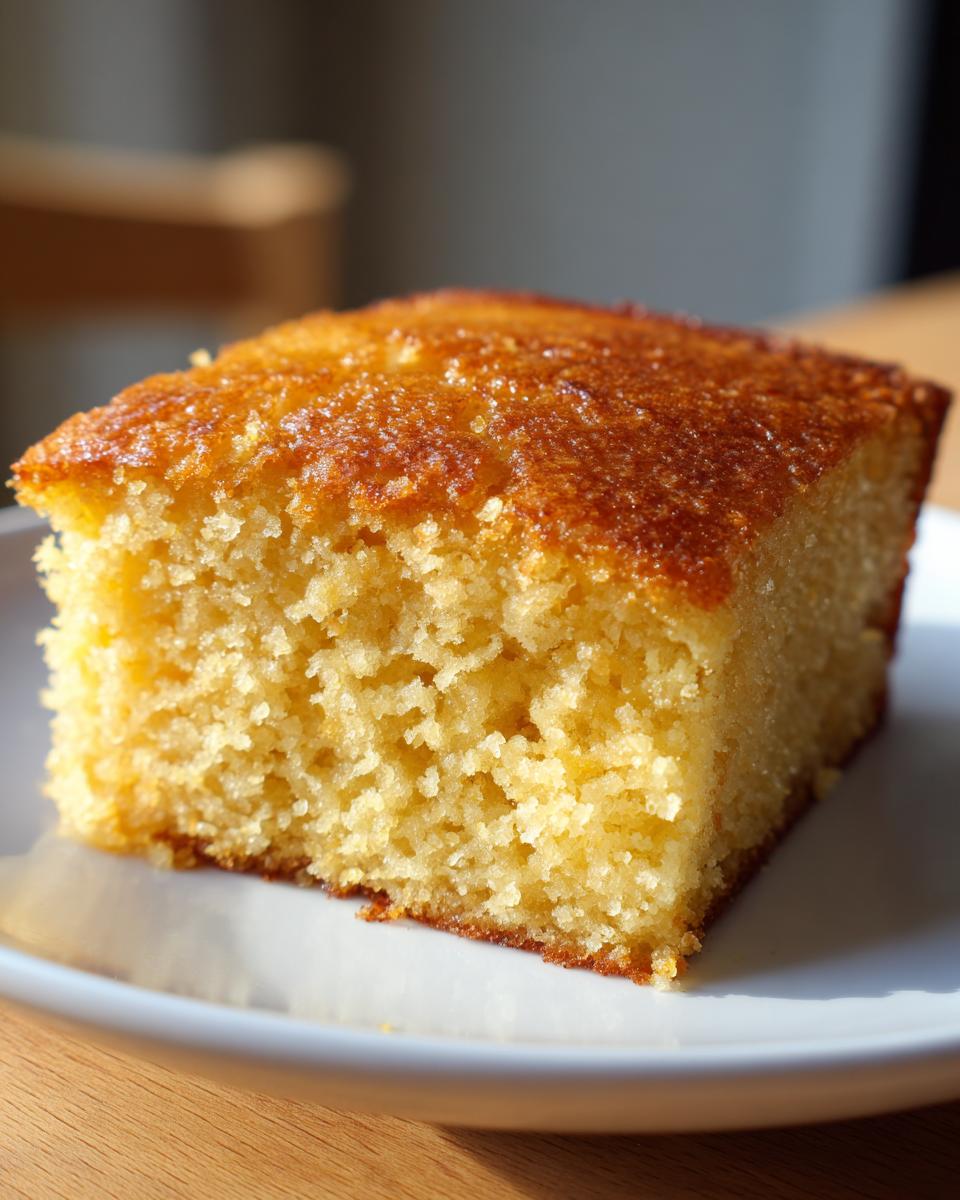A close-up of a moist slice of cornbread on a white plate, showcasing its golden-brown crust and tender crumb.