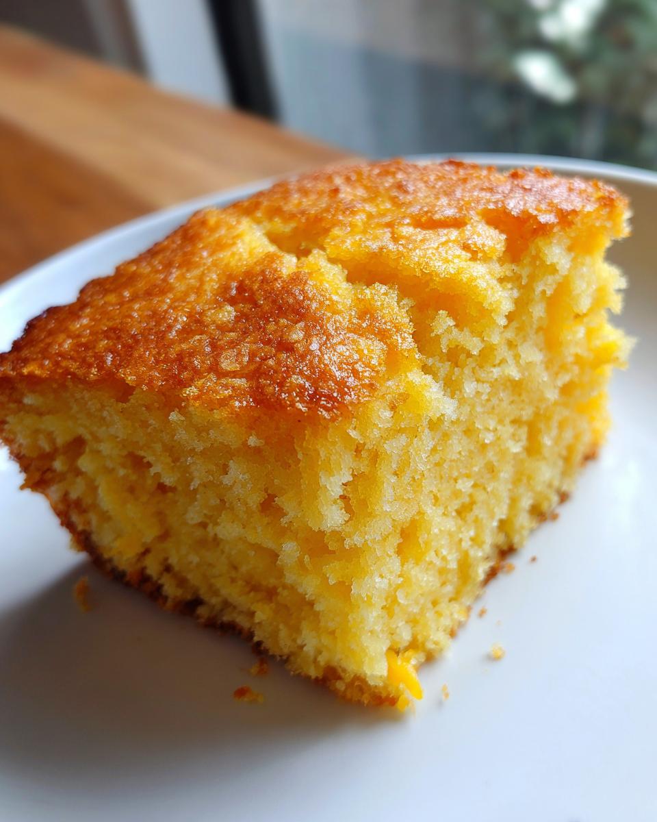 Close-up of a golden-brown slice of moist cornbread on a white plate, showcasing its crumbly texture.