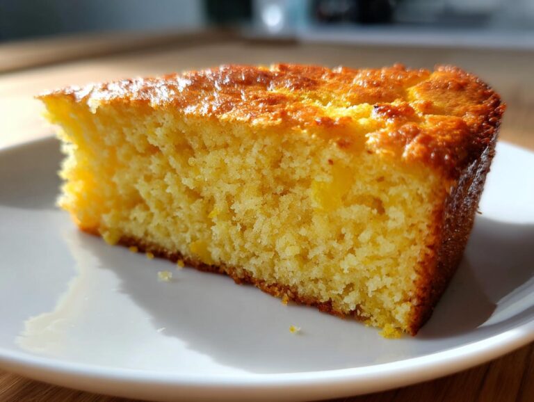 A close-up of a golden slice of moist cornbread on a white plate.