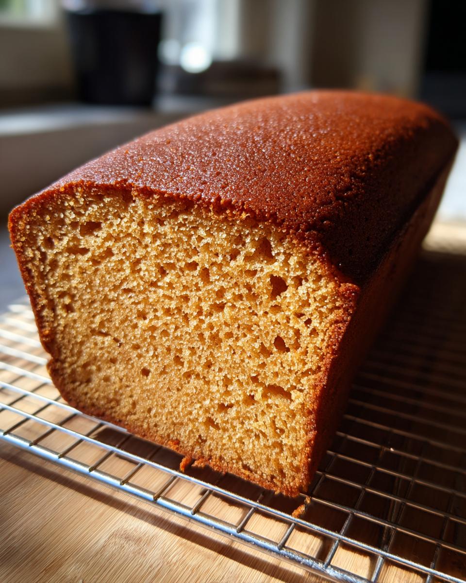 Close-up of a moist honey cake, showing its golden-brown crust and airy crumb, resting on a silver cooling rack.